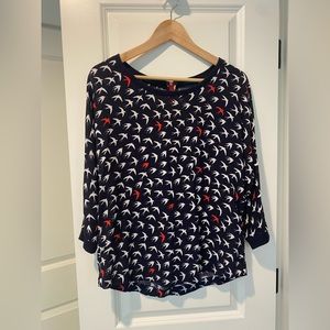 Anthropologie Maeve Navy Blouse with Birds; 3/4 sleeves